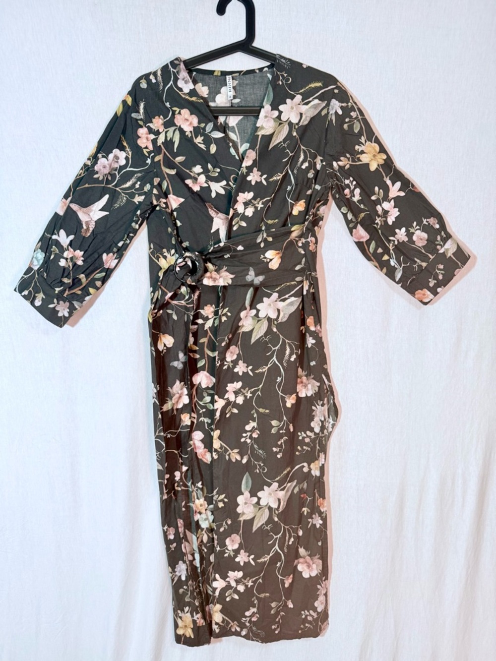 Handmade XS-S Floral Wrap Midi Dress in charcoal with Pink and white